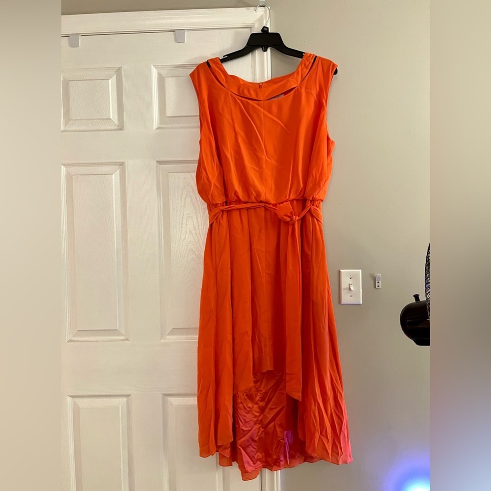 Boatneck Jessica Simpson Hi-Low Belted Dress with Grecian Key Hole Neckline